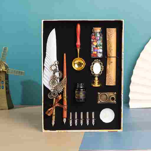 BABBAK'S LTD Retro Punk Feather Pen Set – Vintage Writing Kit with Brass Holder & Wax Seal Accessories