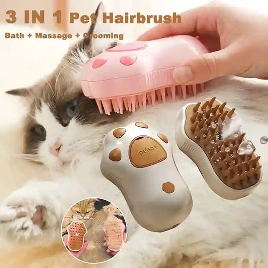 3-in-1 pet hairbrush being used on a cat with text indicating its multiple uses.