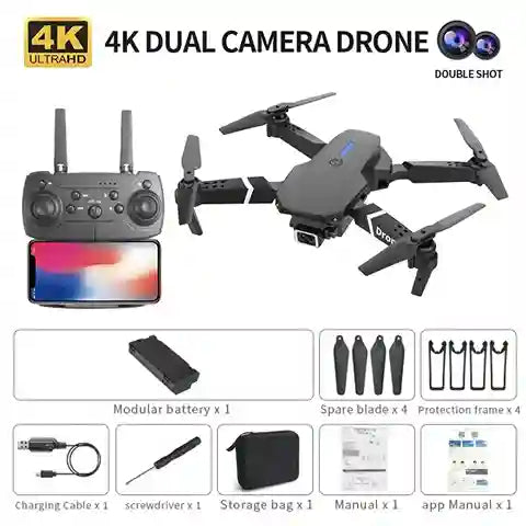 4K Dual Camera Drone with controller, battery, and accessories on a white background