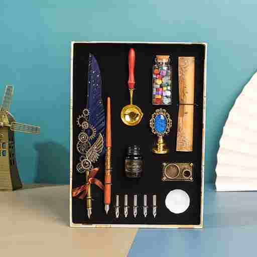 BABBAK'S LTD Retro Punk Feather Pen Set – Vintage Writing Kit with Brass Holder & Wax Seal Accessories