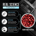 Advertisement for Timood product with text and pink peppers on a dark background