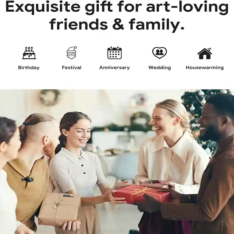 Advertisement for a gift suitable for various occasions with people exchanging gifts.