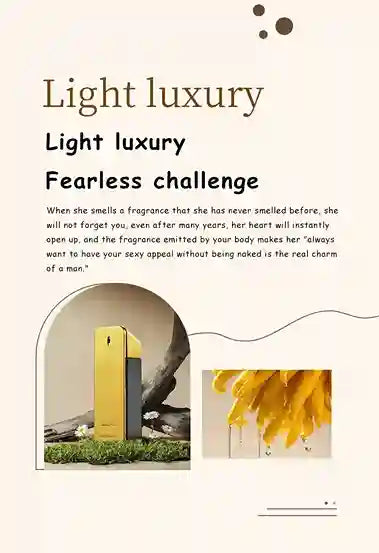 Advertisement for a perfume with text about fragrance and allure on a beige background.