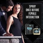 Advertisement for a product with a man and woman in formal attire, featuring text and product packaging.