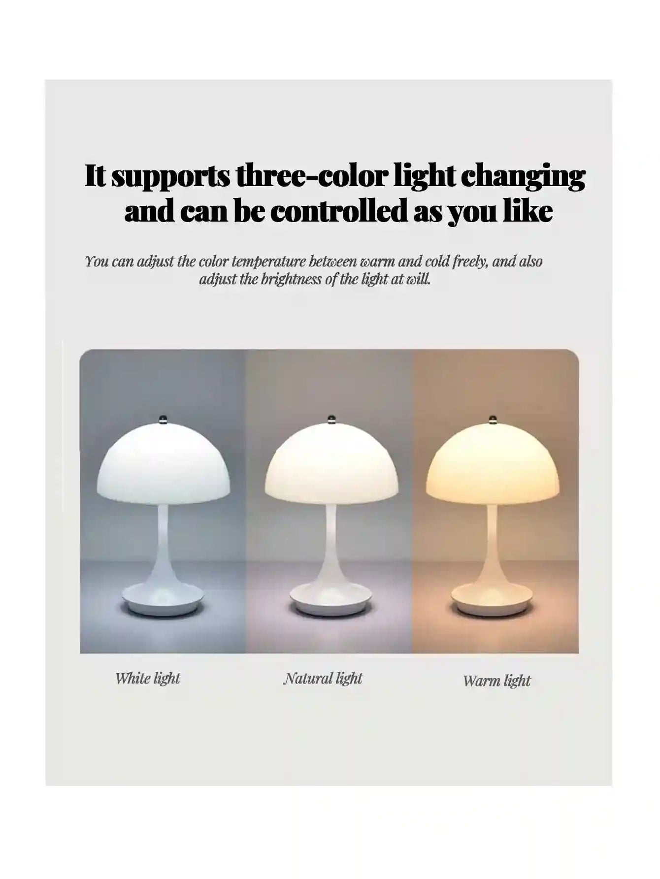Advertisement for a three-color light-changing lamp with images of white, natural, and warm light.