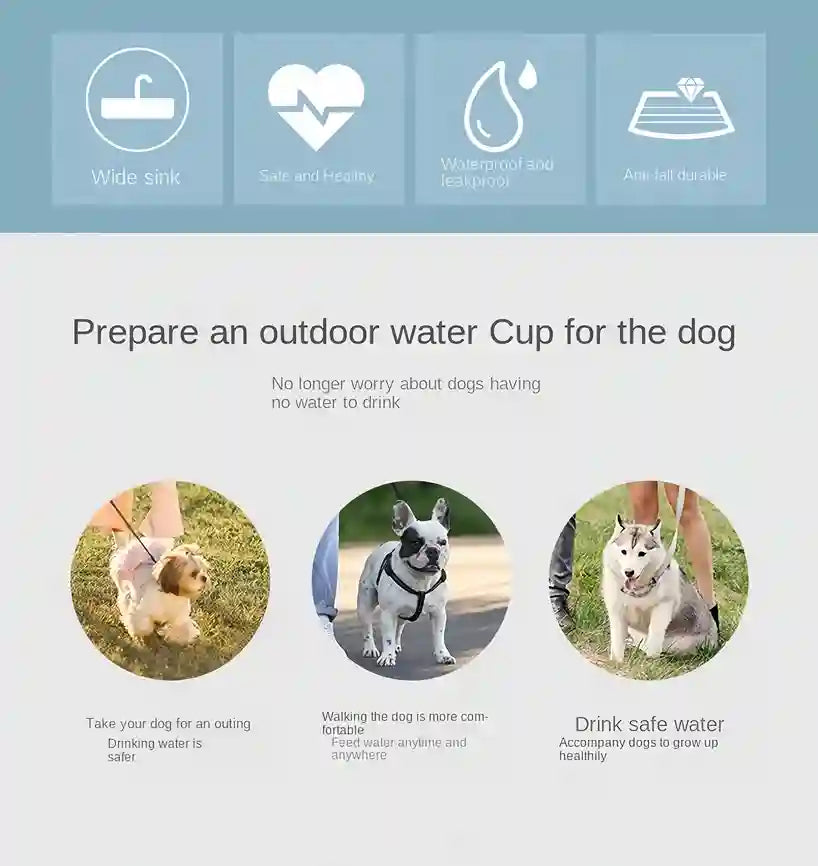 Advertisement for an outdoor water cup for dogs with icons and text on a white background.