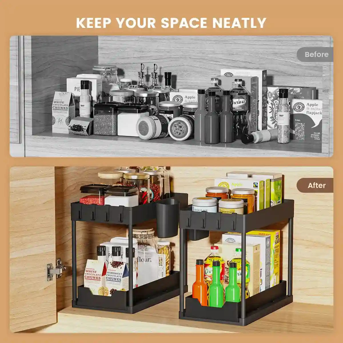 Before and after comparison of a cabinet with cluttered items and organized shelves.