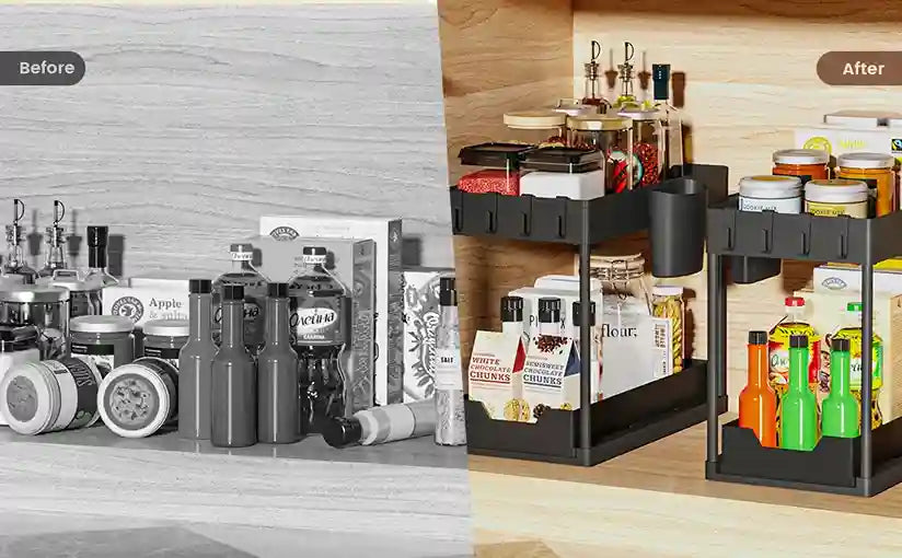 Before and after comparison of a kitchen shelf with storage solutions.