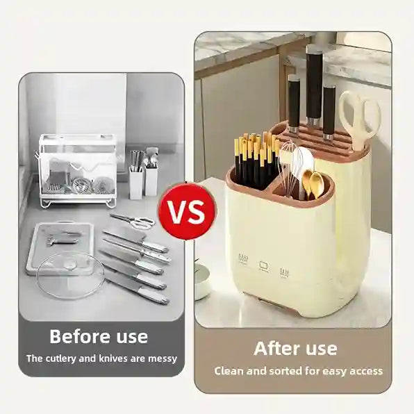 Before and after comparison of kitchen utensils with a knife block organizer.