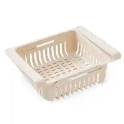 Beige plastic basket with slotted design on a white background