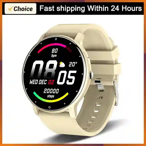 Beige smartwatch with a digital display on a white background