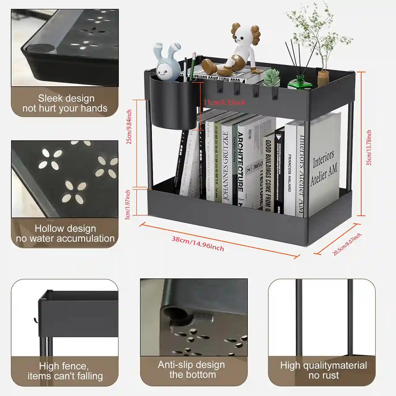 Black desk organizer with books and decorative items, showing dimensions and features on a white background.
