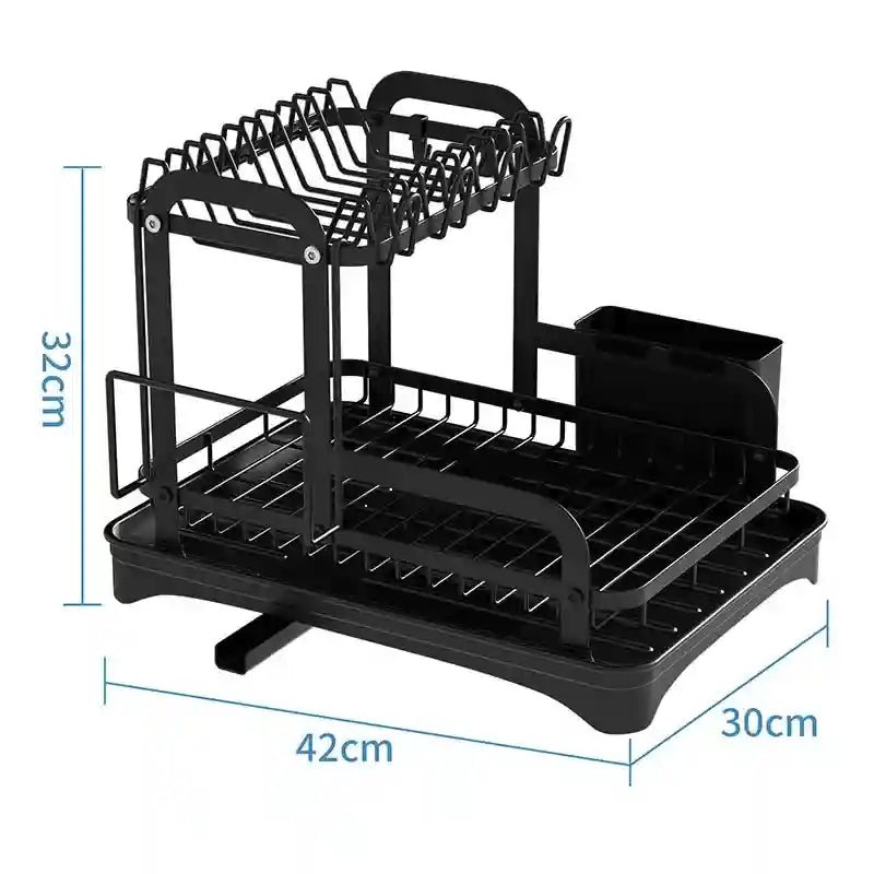 Black dish drying rack with measurements on a white background
