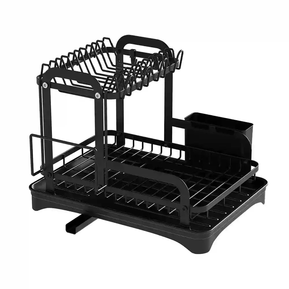 Black dish drying rack with multiple shelves on a white background