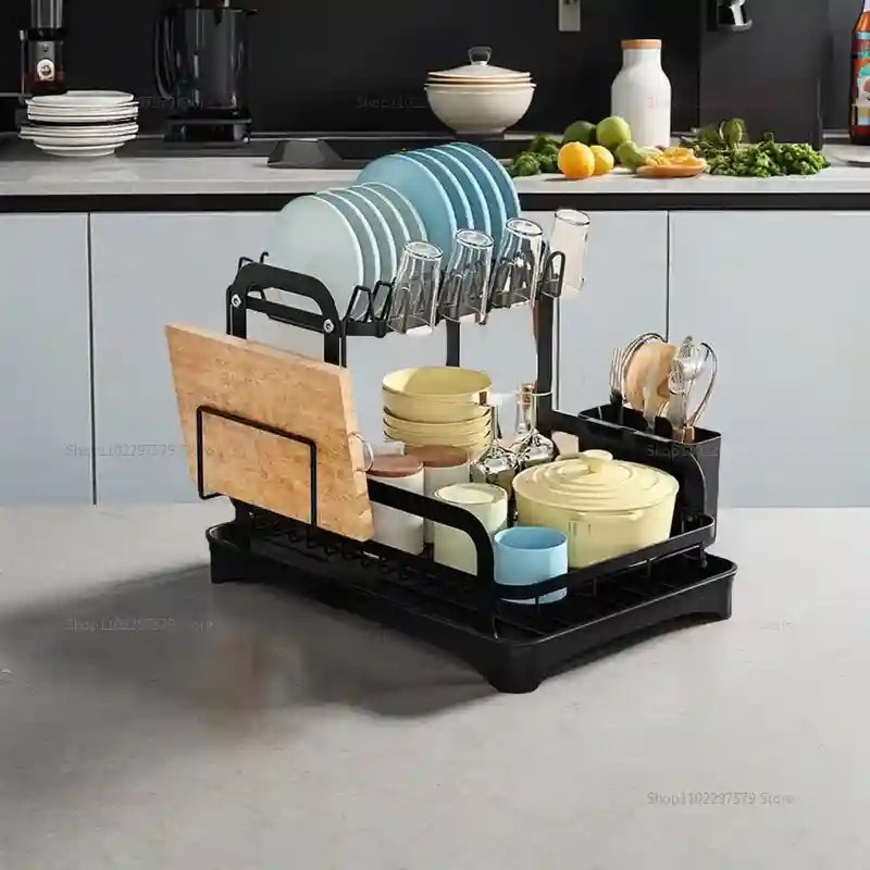 Black dish rack with kitchen items on a kitchen counter