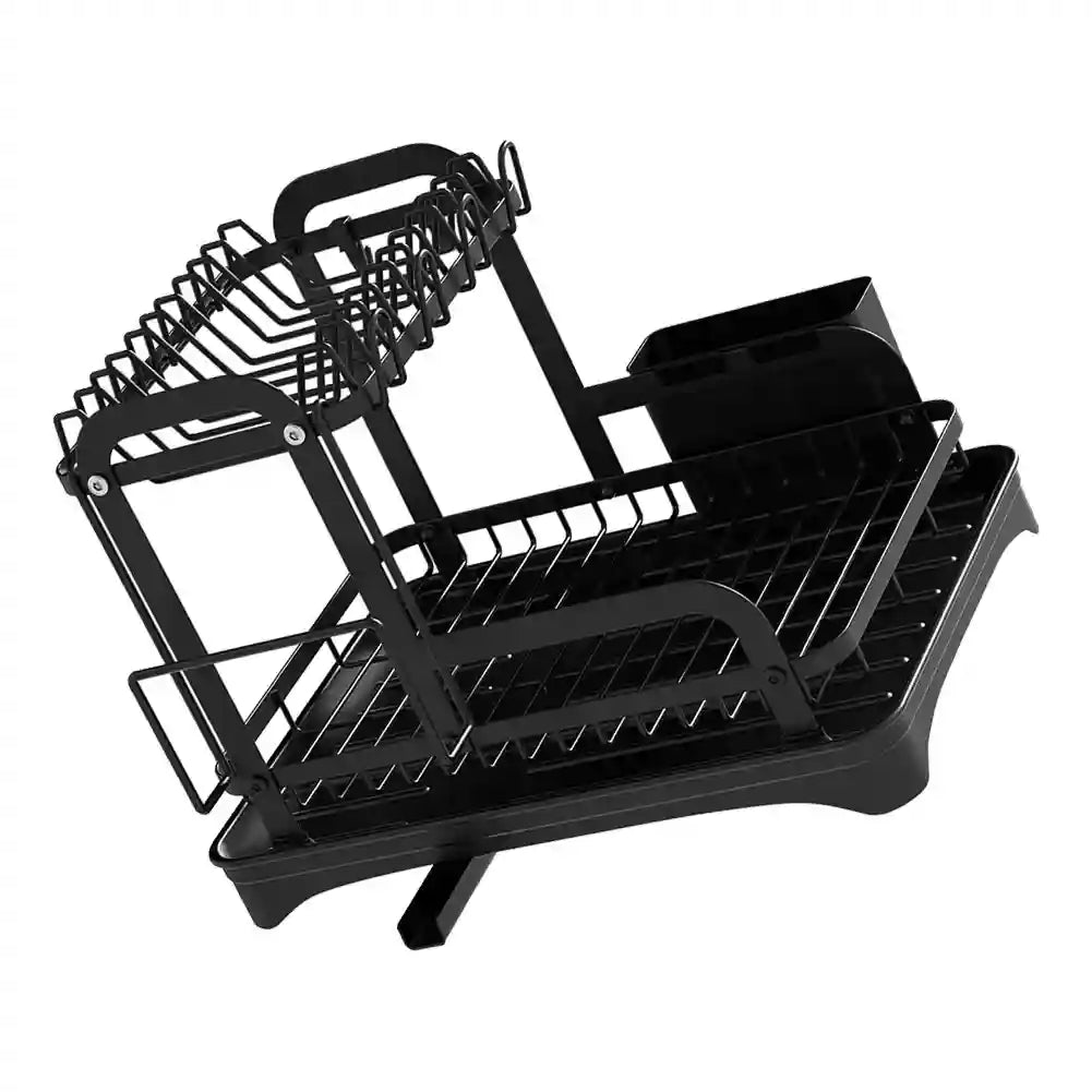 Black dish rack with multiple compartments on a white background