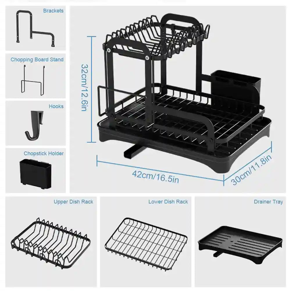 Black dish rack with various components and dimensions on a white background