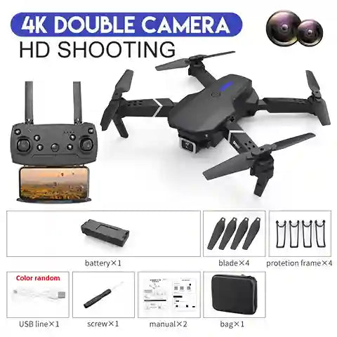 Black drone with 4K double camera and remote control, surrounded by accessories on a white background.