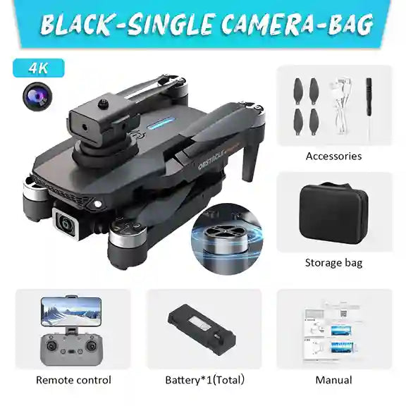 Black drone with accessories including a remote control, battery, and storage bag on a white background.