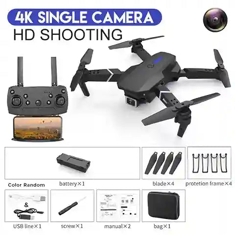 Black drone with remote control, camera, and accessories on a white background