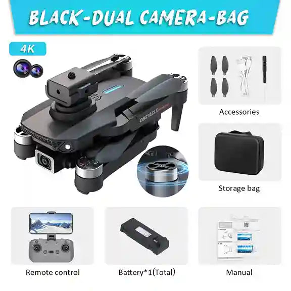 Black dual camera bag with accessories, remote control, battery, and manual on a white background.