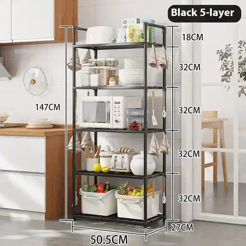 Black five-layer shelf with measurements in a kitchen setting