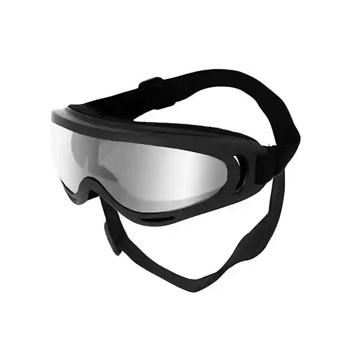 Black goggles with clear lenses on a white background