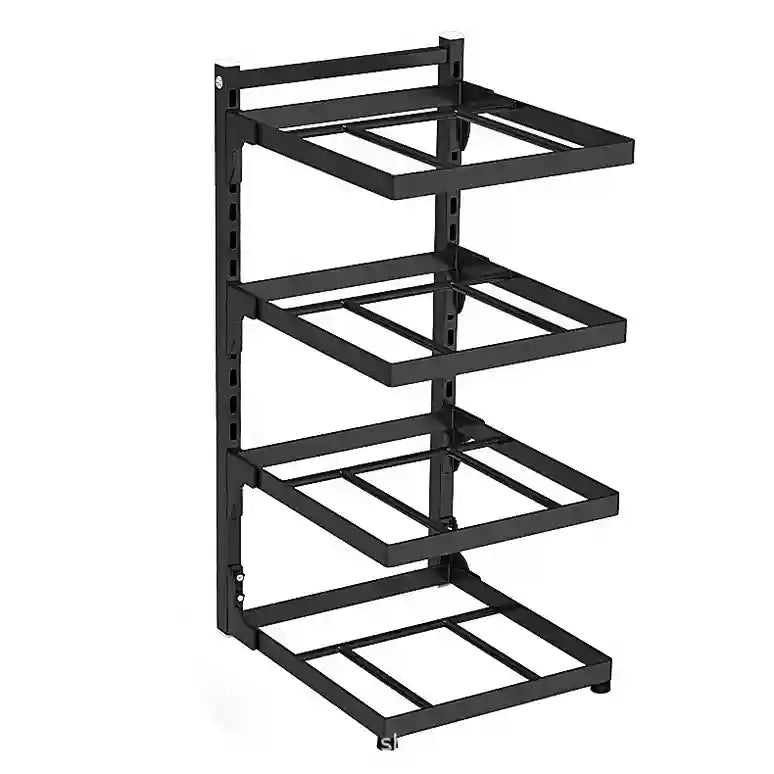 Black metal shelf unit with multiple levels on a white background