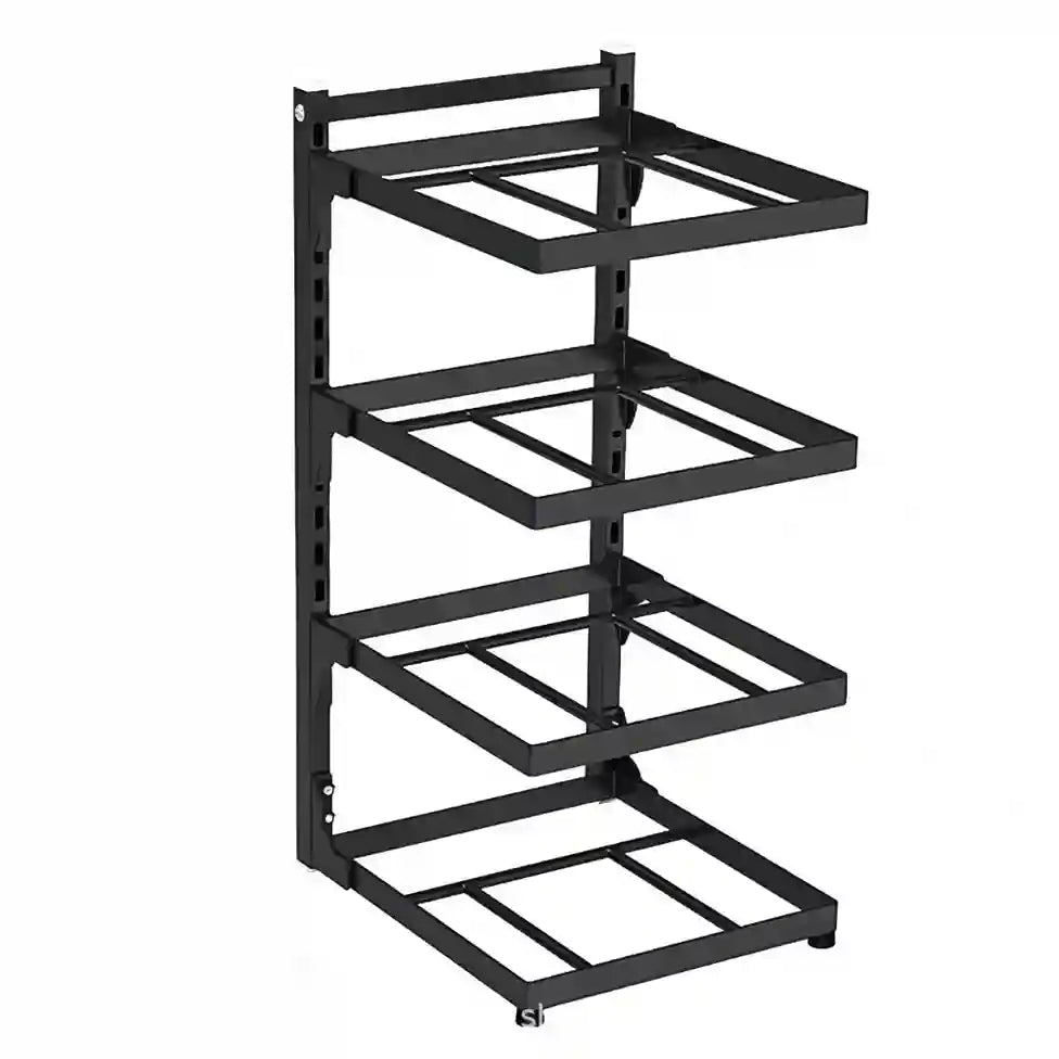Black metal shelf unit with multiple levels on a white background
