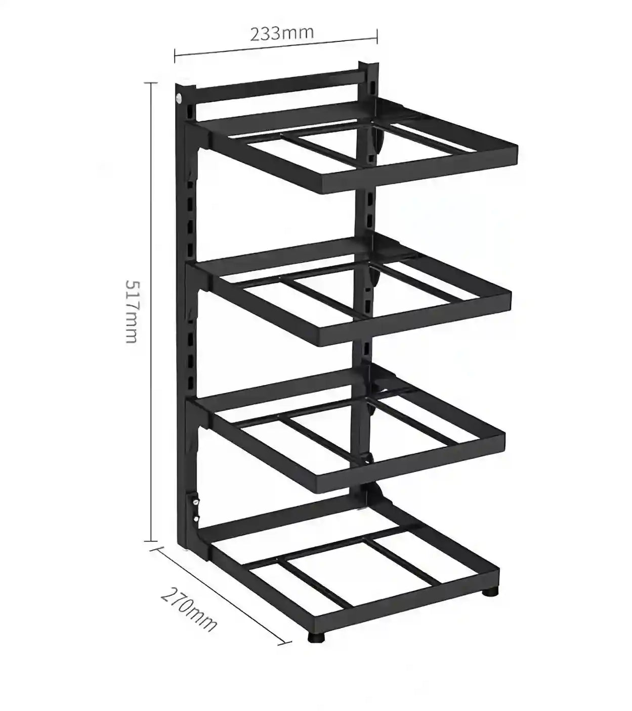 Black metal shelf with dimensions indicated on a white background