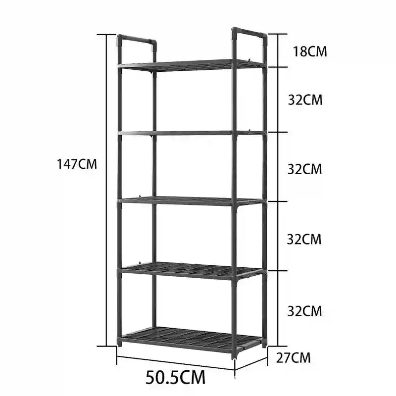 Black metal shelf with dimensions labeled on a white background