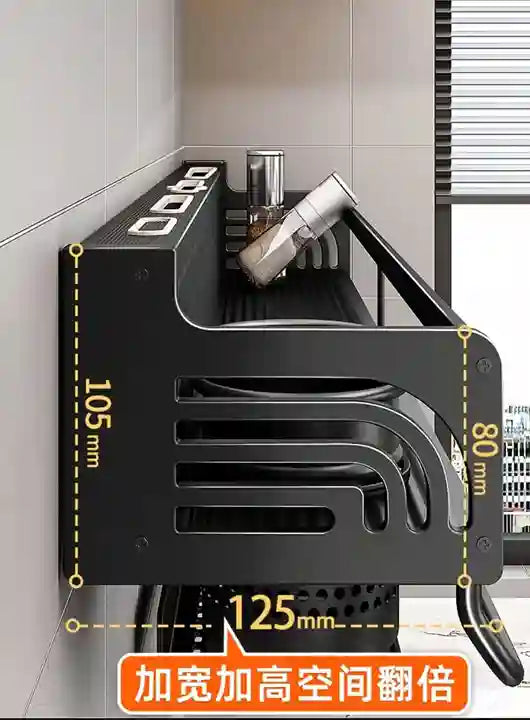 Black metal shelf with measurements on a white wall