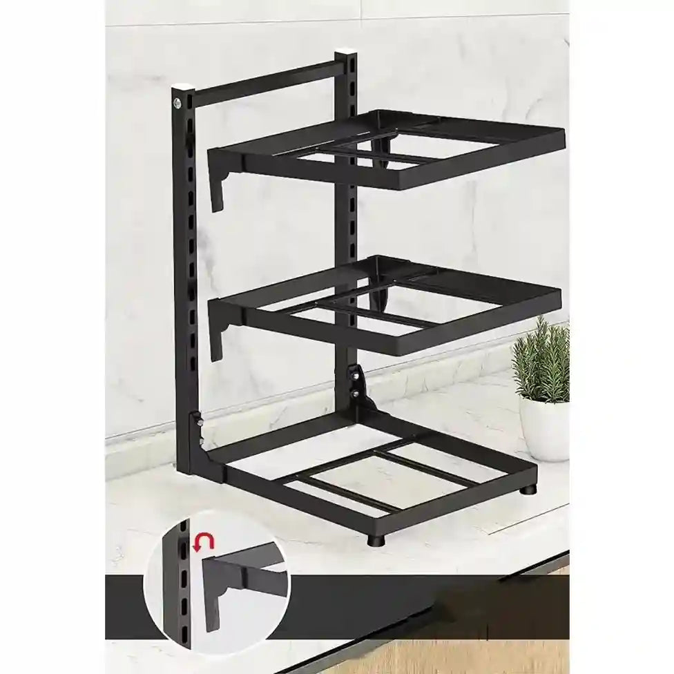 Black metal storage rack on a white background