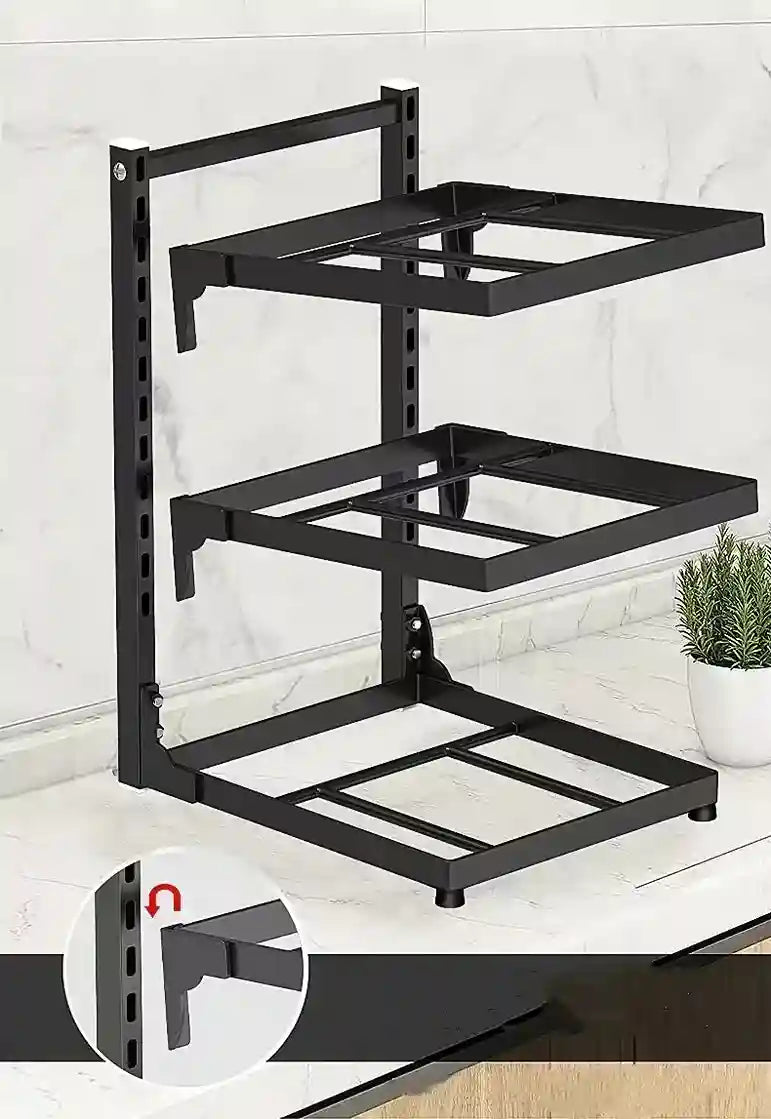 Black metal wall-mounted storage rack on a white background