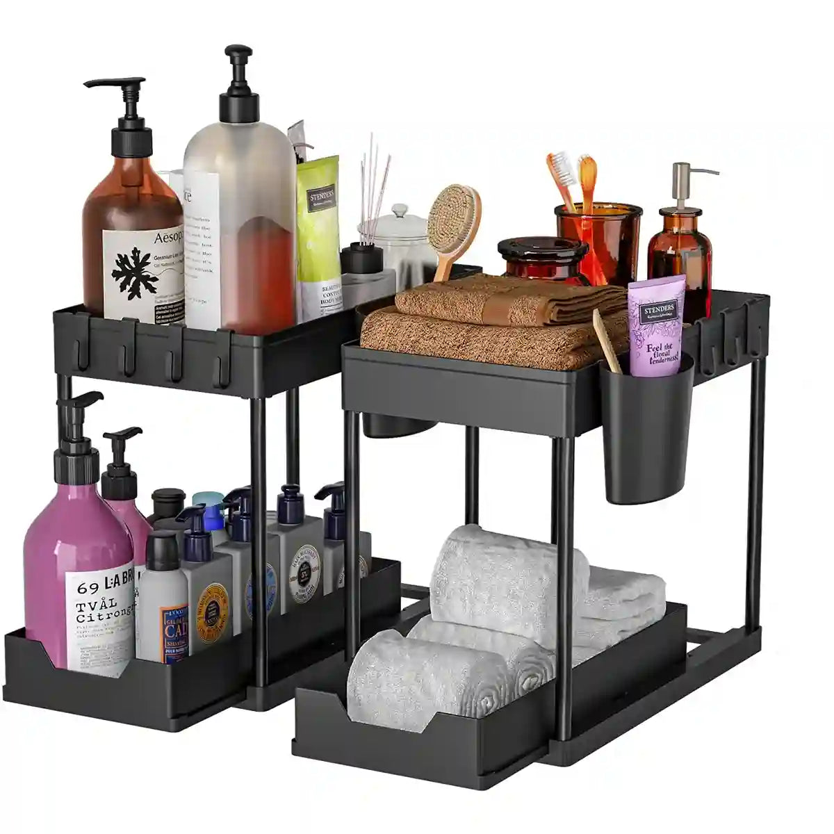 Black multi-tiered bathroom organizer with toiletries on a white background