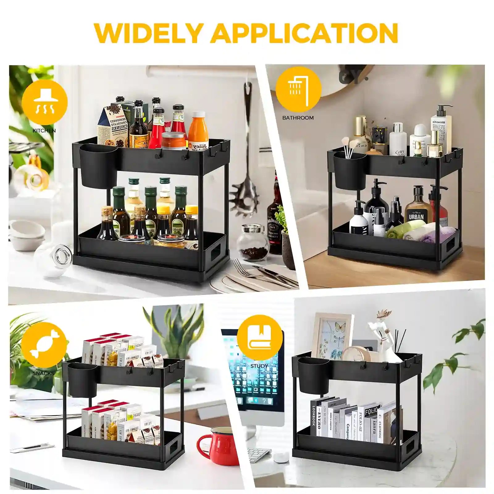 Black multi-tiered organizer used in various settings including a kitchen, bathroom, and office.