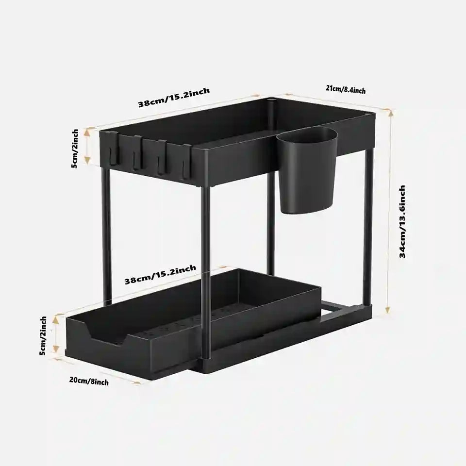 Black multi-tiered organizer with dimensions on a white background