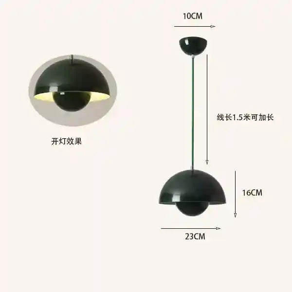 Black pendant light with measurements on a white background