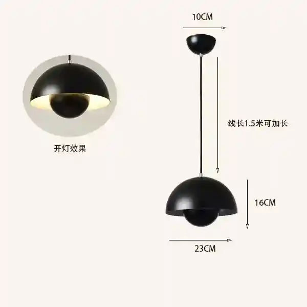 Black pendant light with measurements on a white background