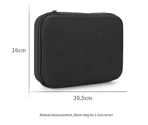 Black rectangular zippered case with measurements on a white background