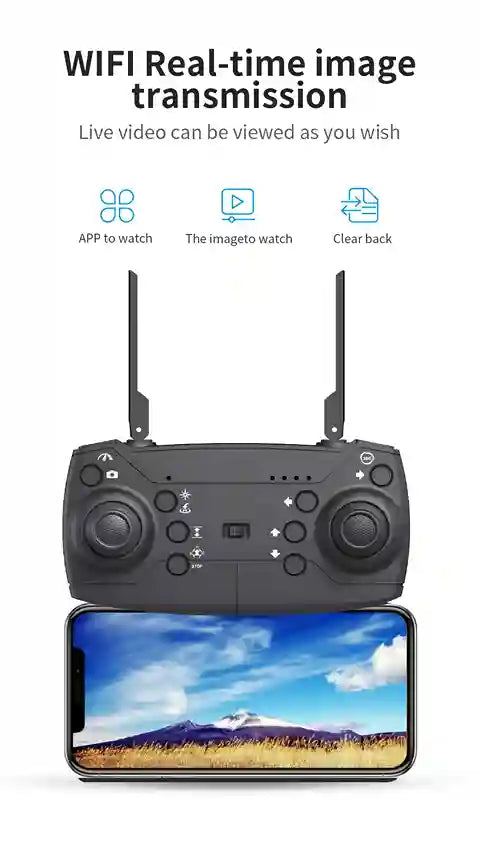 Black remote control with smartphone displaying a scenic view, featuring text about WiFi real-time image transmission.