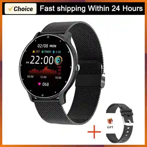 Black smartwatch with digital display on a white background, featuring text about fast shipping.