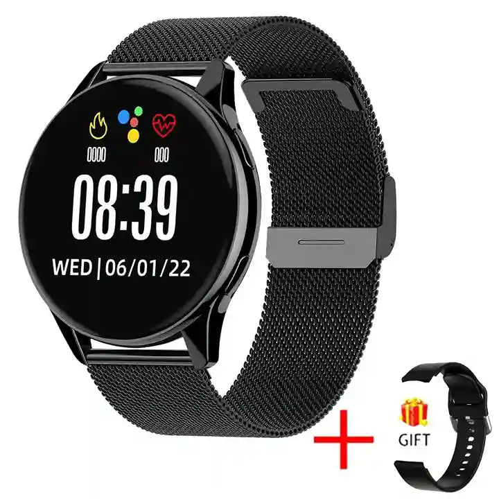 Black smartwatch with digital display on a white background, including a gift icon.