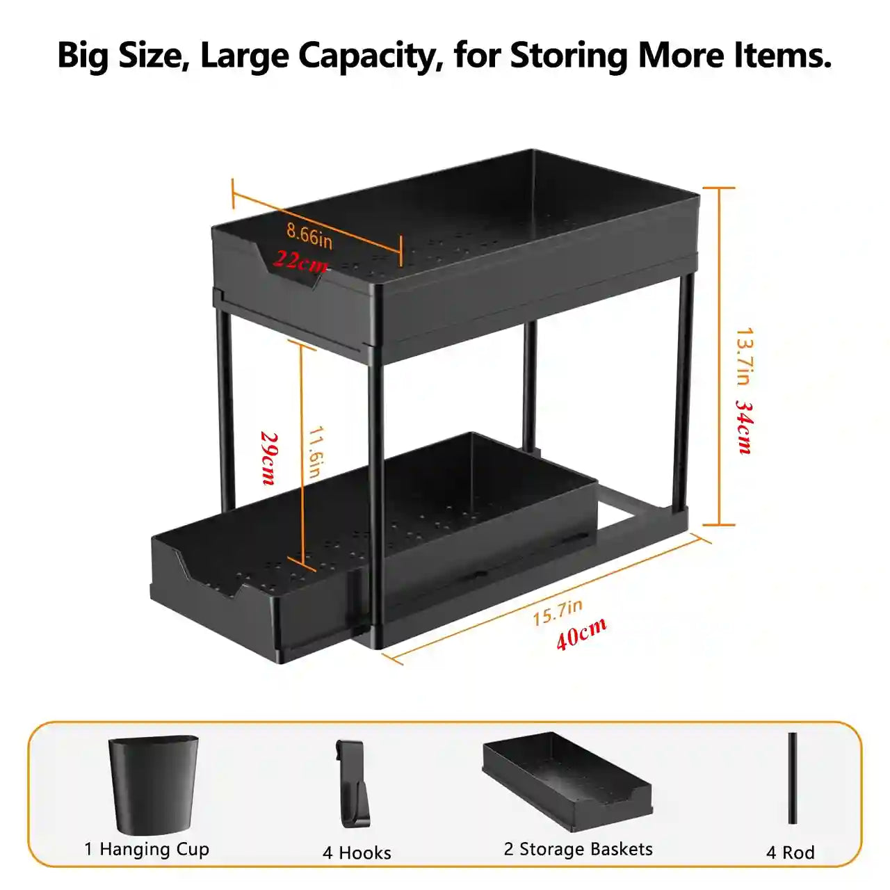 Black storage unit with dimensions and accessories on a white background