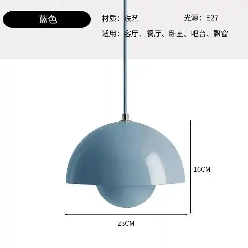 Blue pendant light with dimensions on a white background