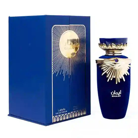 Blue perfume bottle and packaging with gold accents on a white background