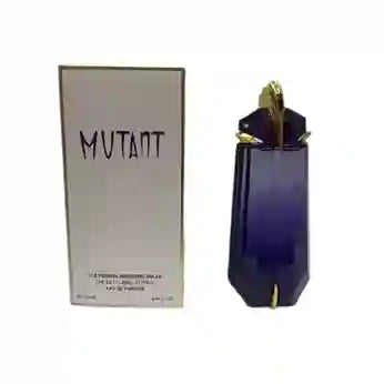 Blue perfume bottle with gold cap next to its packaging on a white background