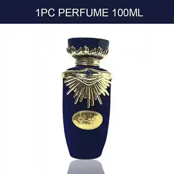 Blue perfume bottle with gold detailing on a white background