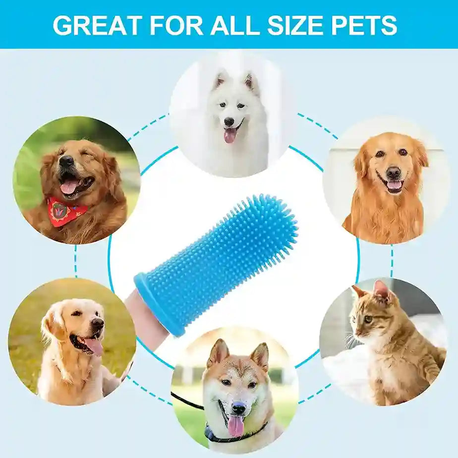 Blue pet grooming brush with images of dogs and a cat, labeled 'Great for all size pets'.