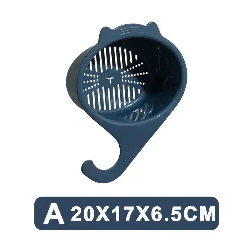 Blue plastic strainer with measurement label on a white background